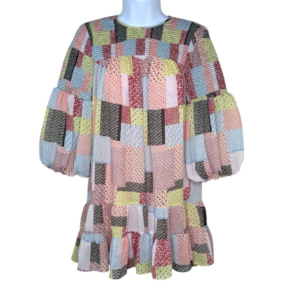 Cinq A Sept Smocked Patchwork Rika Swing Dress Whimsey Babydoll 00 XS X-Small - Picture 2 of 10